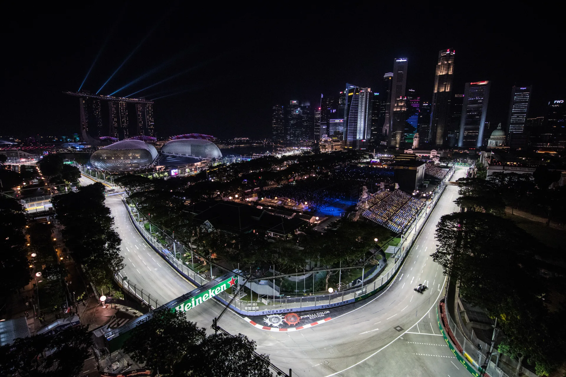 The Singapore street circuit illuminated under the night sky